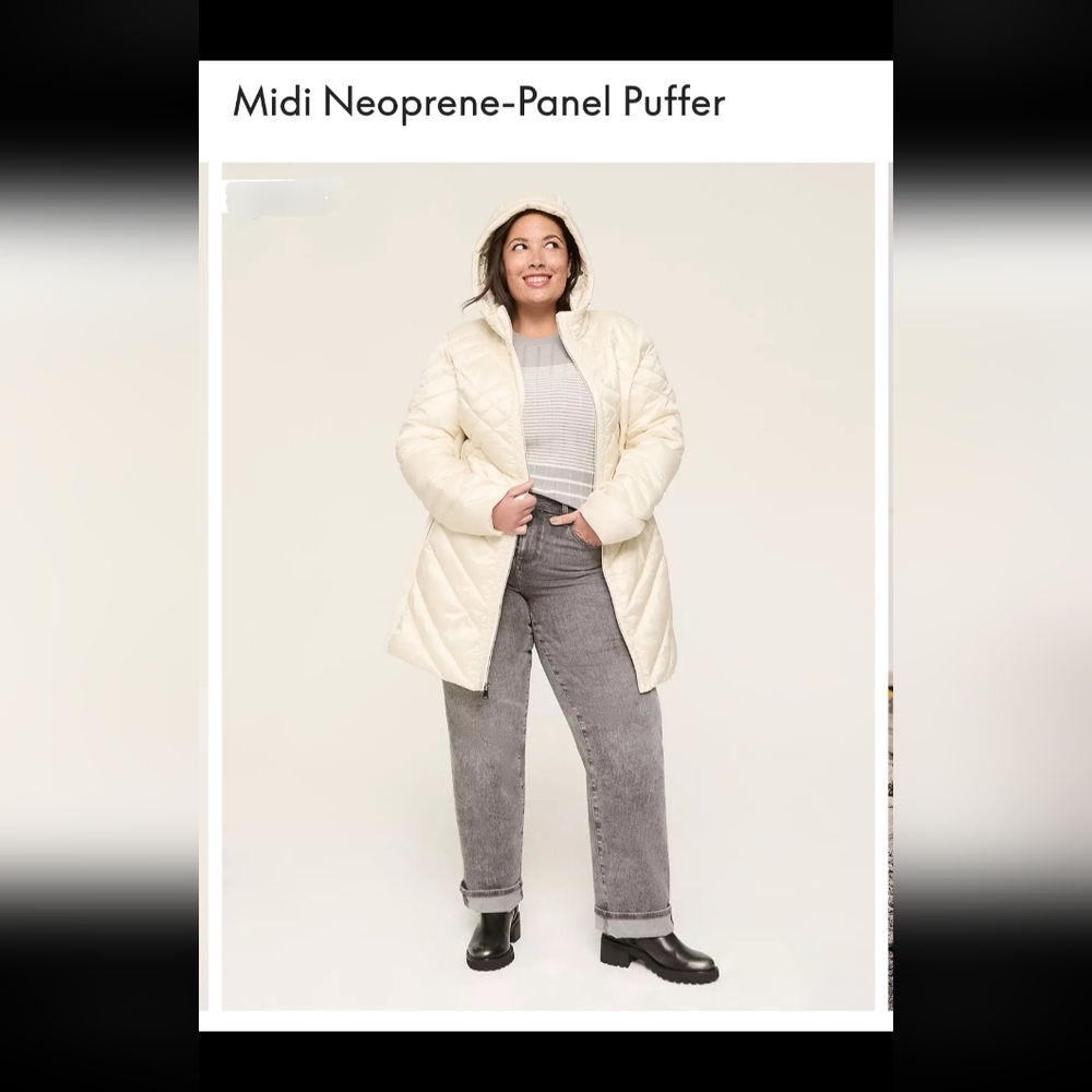 NWT Lane Bryant Cream Midi Neoprene-Panel Puffer Coat Size 18/20